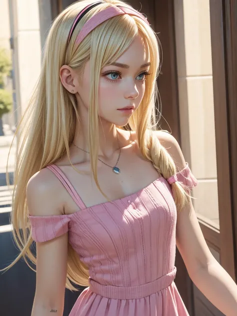  blonde hairband , long hair,Gwen Stacy ultrarealist photo 4k big breats dreess pink short