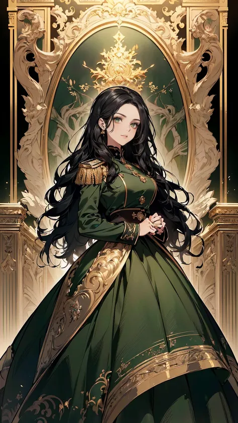  ((masterpiece, Best quality, a high resolution, ultra detailed),(beautiful and aesthetically pleasing:1.2), 1 woman, (wavy black hair), (green eyes), Beautiful face, (slight smile:0.8), detailed eyes and face, perfect body, full body, empire silhouette ba...