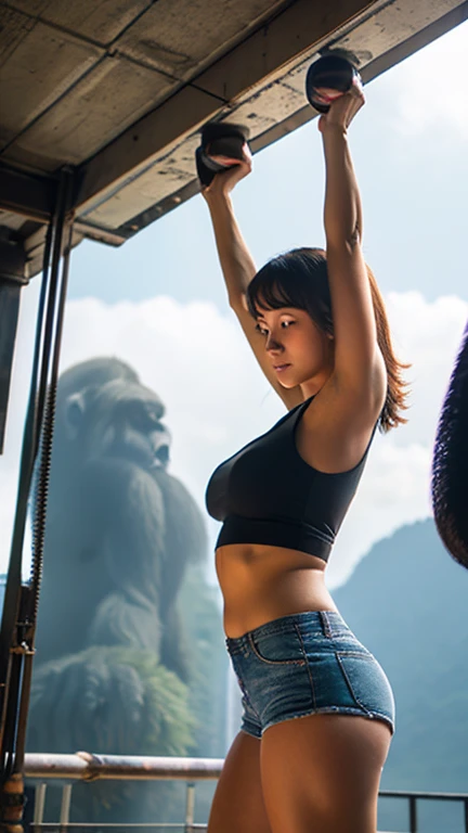 Full body  girl lifting up a heavy giant gorilla overhead