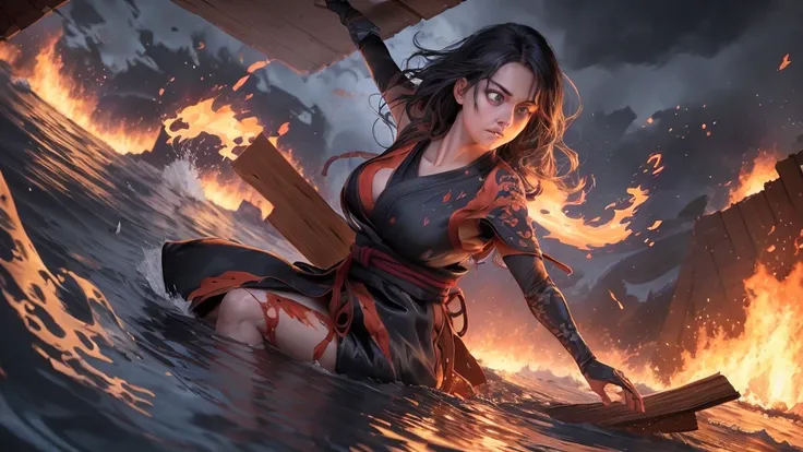 A lovely ninja, wide-eyed and a little singed, has just survived a violent explosion. She is floating on her back on choppy water along with some debris, in the middle of the night. The scene is lit by a raging fire nearby. The ninjas outfit is skillfully ...