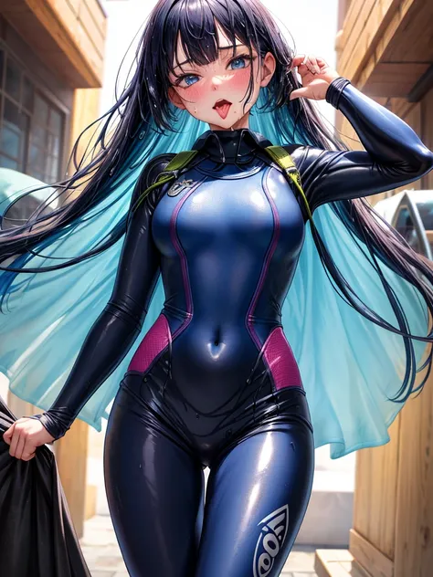 masterpiece, ultra-detailed, best quality, extremely detailed, 8k, high res, realistic, 1girl, 18yo, beautiful girl,(rolling eyes), (half closed eyes),(narrowed eyes:1.2),(open mouth), (tongue out:1.2),(blush:1.2),(wet suit:1.4),(wet see-through:1.3), (hal...