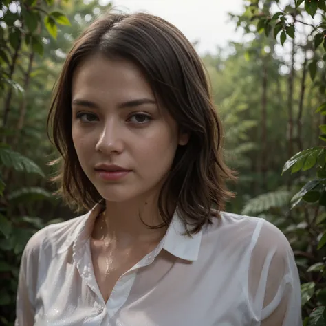 jeune femme de 25 ans, brune, professional lighting, flash lighting, dans une foret,  pluie, Wet white shirt, peau moite et humide, brume, American plan