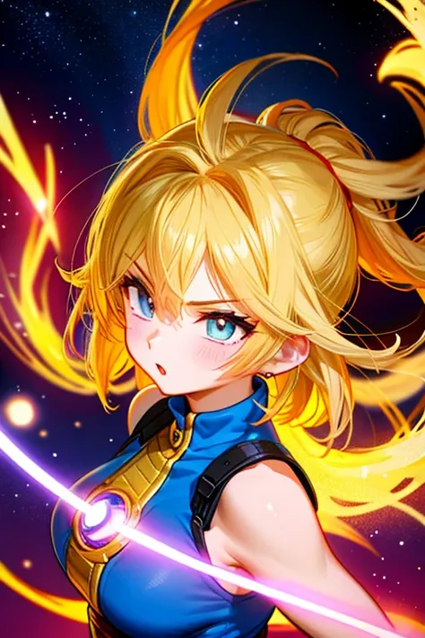 une femme de ans, dragon ball, warrior, cheveux blonds, super saiyan, sexy, aura of energy, dans l'espace