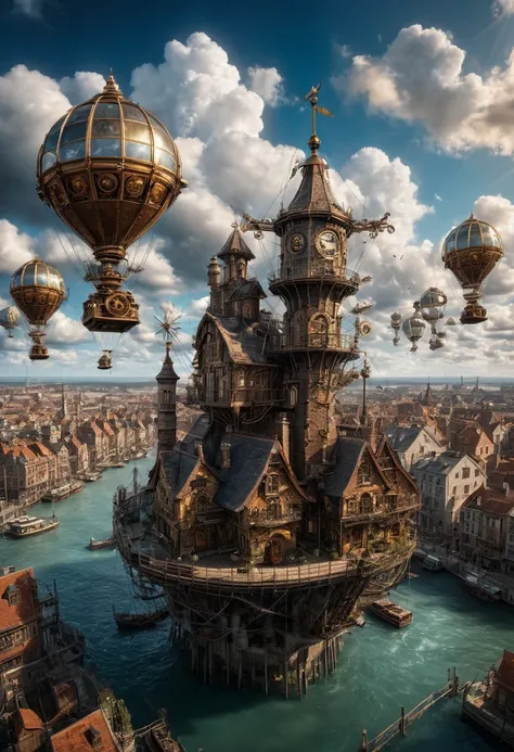 (best quality,4k,8k,highres,masterpiece:1.2),ultra-detailed,(realistic,photorealistic,photo-realistic:1.37),floating, Intricate Steampunk city floating on a cloud,abundant steampunk windmills and propellers,da vinci style wings, dramatic sky and dramatic l...