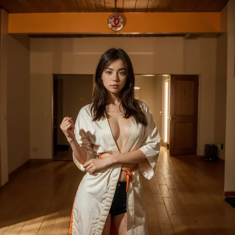 jeune femme de 25 ans, brune, professional lighting, flash lighting, dans un dojo, avec un kimono orange de dragon ball