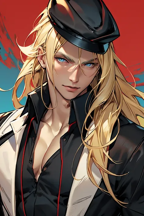 (Masterpiece, hiquality, Best Quality), (((solo))), Mature man,  (((blond length hair))), blue eyes, short blonde hair, ((pale skin)), blue eyes, color background, , black hat, black cape, (((red shirt))), Detailed outfit, Detailed