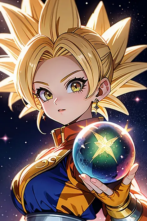 une femme de ans, dragon ball, warrior, cheveux blonds, super saiyan, sexy, aura of energy, dans lespace, with the four-star crystal ball