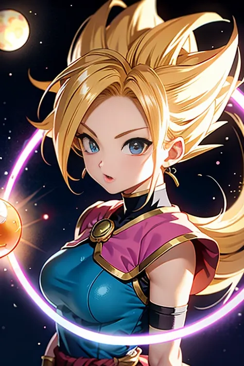 une femme de ans, dragon ball, warrior, cheveux blonds, super saiyan, sexy, aura of energy, dans l'espace, with the four-star cr...