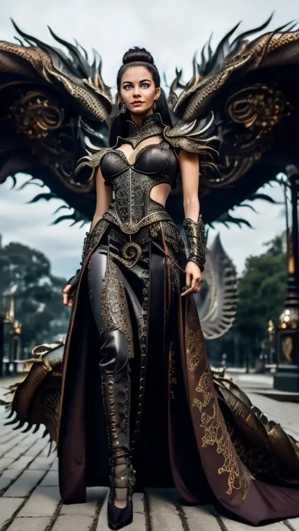 High-resolution ultra detailed photography, A Eurasian woman with tall height and feminine body figure rides a biomechanical dragon in full body pose, womans clothing in steampunk style with lots of details and accessories, full body pose looking forward i...