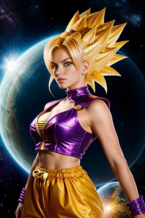 une femme de ans, dragon ball, warrior, cheveux blonds, super saiyan, tenue de guerrier de lespace, saiyan, vegeta, sexy, aura of energy, dans lespace, with the four-star crystal ball