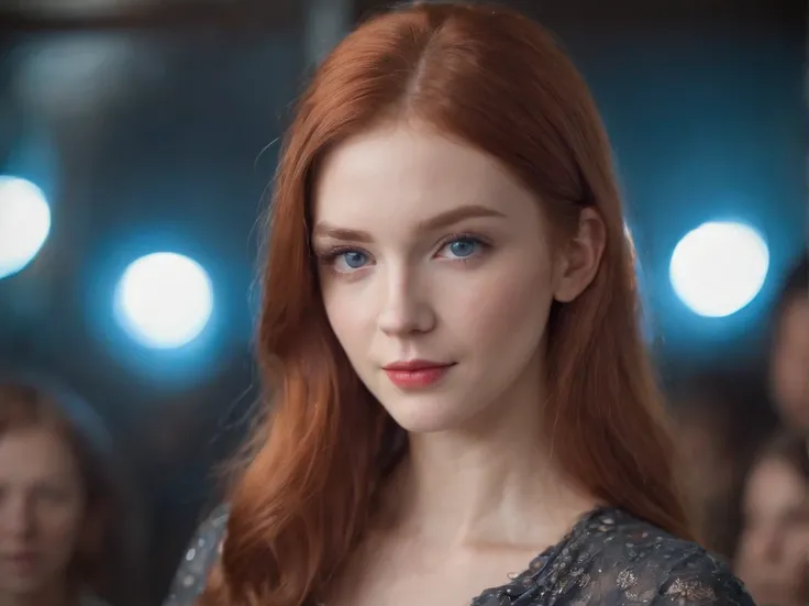 As the camera pans around the classroom, the magical bokeh of the lights creates a dreamlike atmosphere. In the center of the room is a nerdy goddess with long straight red hair., fleshy lips and blue eyes. She wears a shirt with a generous neckline, drawi...