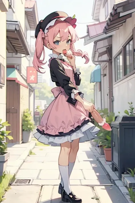 walking down the street and looking into an alley,
and in the background in the distance you can see a girl with pink hair, long double-tailed hairstyle ((small bushy pink eyebrows)), dressed in lolita clothes, marked vagina, lolicon drawing style (Zankuro...