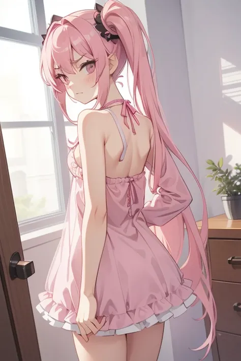 Girls with pink hair, long double-tailed hairstyle, ((small pink bushy eyebrows)), dressed in lolita clothes, marked vagina, lolicon (Zankuro) drawing style by zankuro artist, Zancro style, image uploaded to R34, changing of clothes in a room, semi naked w...