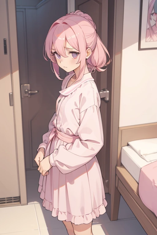 Girls with pink hair, long double-tailed hairstyle, ((small pink bushy eyebrows)), dressed in lolita clothes, marked vagina, lolicon (Zankuro) drawing style by zankuro artist, Zancro style, image uploaded to R34, changing of clothes in a room, semi naked w...