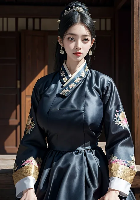 Dark Hanok, Korean classic house, Korean woman, (masterpiece), (detailed), (intricate details), (realistic, photorealistic realistic: 1.37),illustration, (super big tits:1.4),(very delicate and beautiful:1.2), very detailed, very detailed, very detailed, C...