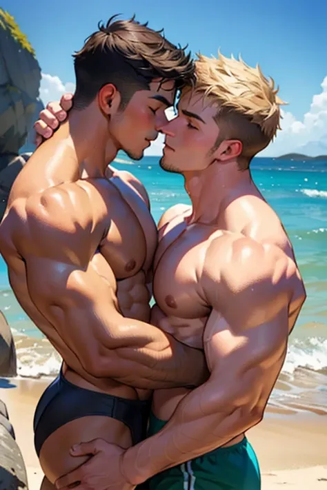 Two boys kissing face to face on a beach, Gay men, The whole body faces each other with muscles tightly pressed together., The pectoral muscles are swollen and collapsing, Swimsuit、View the entire body