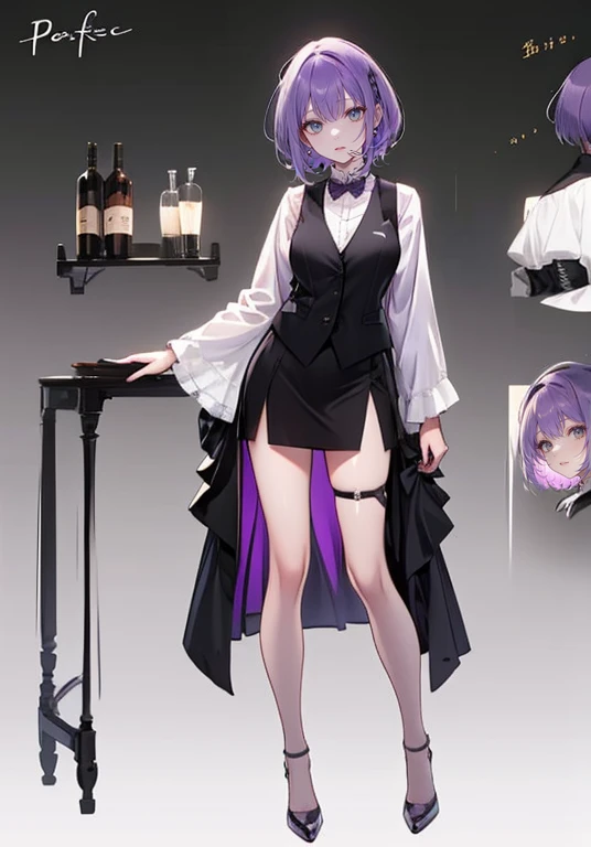 ((Perfect Face)),Purple Hair,short hair,1 female,bartender,,Black vest,skirt,slit,High heels,((Simple light color background)),((smile)),((Full Body)),((full body)),Portraits,Character Sheet,upright,expensive