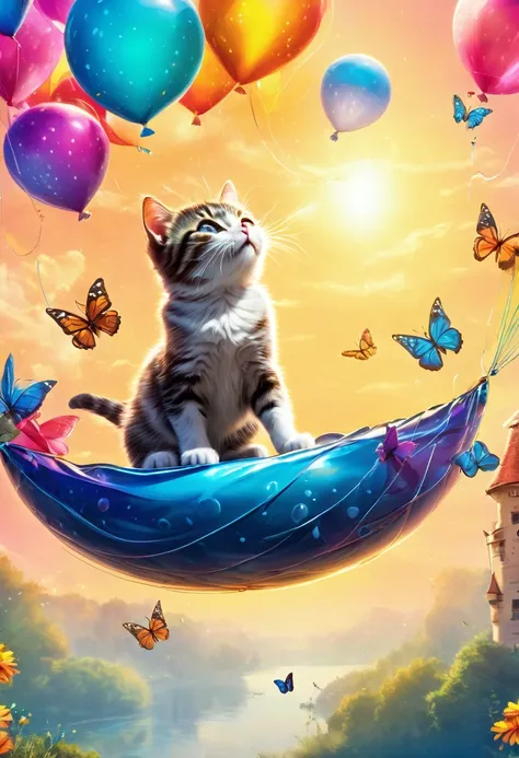 "(best quality,highres:1.2),(realistic:1.37),(magical, idyllic) general shot, cute and tender cat,(floating on a balloon:1.7), t...