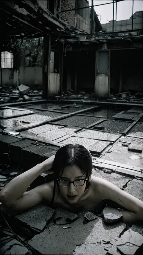 Showa,Collapse,Devastation,Inside the ruins,Glasses,Women,adventure,Black and White,