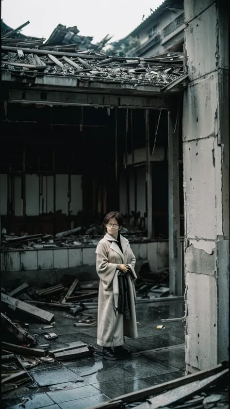 Showa,Collapse,Devastation,Inside the ruins,Glasses,Women,adventure,Black and White,