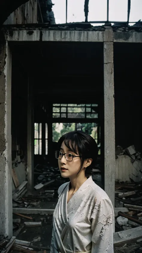 Showa,Collapse,Devastation,Inside the ruins,Glasses,Women,adventure,Black and White,