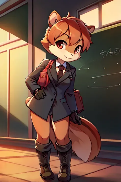 boy, squirrel, furry, bodyfur, blazer, bottomless, gloves, boots, school, school bag