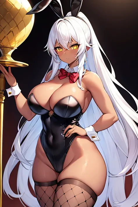 1girl, white hair, long hair, dark-skinned female, dark skin, yellow eyes, breasts, large breasts, bowtie, wide hips, thick thighs, fishnets, bunnysuit, leotard, white bunnysuit, shy, timid, wavy mouth, ponytail, yellow trim, fishnet, fishnet legwear, gold...