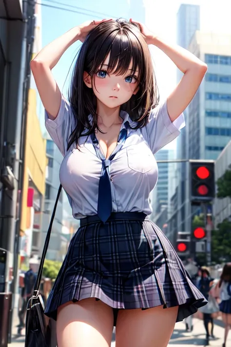 1 teenage girl,expressionless,(cowboy shot:1.2),(big eyes),tall,{(black hair),medium hair,(straight hair),swept bangs},(big breasts),break,{school uniform,short sleeve shirt,break,(plaids skirt),tie},(legs),arm up,(Fine eyes and skin:1.2),(Detailed facial ...