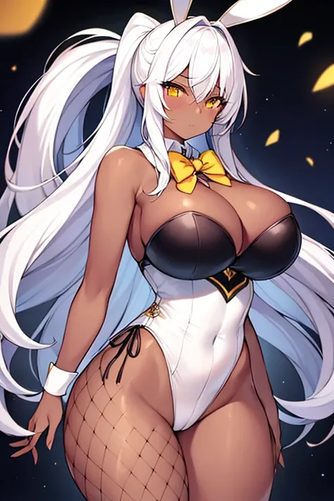 1girl, white hair, long hair, dark-skinned female, dark skin, yellow eyes, breasts, huge breasts, bowtie, wide hips, thick thighs, fishnets, bunnysuit, leotard, white bunnysuit, shy, timid, wavy mouth, ponytail, yellow trim, fishnet, fishnet legwear, gold ...