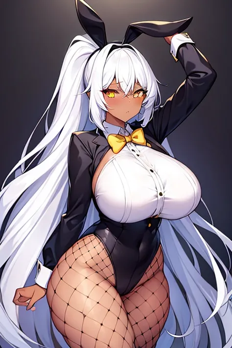 1girl, white hair, long hair, dark-skinned female, dark skin, yellow eyes, breasts, huge breasts, bowtie, wide hips, thick thighs, fishnets, bunnysuit, leotard, white bunnysuit, shy, timid, wavy mouth, ponytail, yellow trim, fishnet, fishnet legwear, gold ...