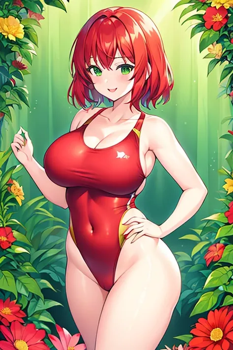 1girl, red hair, medium hair, short hair, flower, flower orbament, ornament, hair ornament, green eyes, one-piece swimsuit, competition swimsuit, large breasts, wide hips, thick thighs, smile, breast suppress,