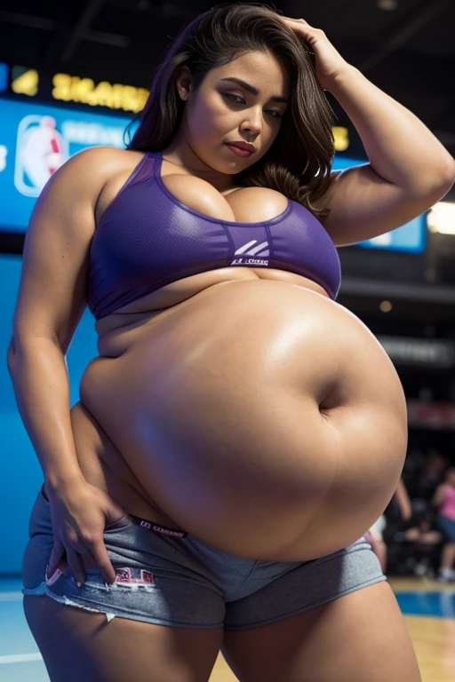 a close up of a person on a basketball court with a basketball, bra and shorts streetwear, beautiful thick female, thick thighs, sport bra and shorts, thick body, thick, sport bra and dark blue shorts, thicc, she has a jiggly fat round belly, short robust ...