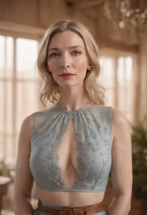 As the camera pans around the room, the magical bokeh of the lights creates a dreamlike atmosphere. No centro da sala, you are a milf goddess, a atriz Cate Blanchett de 54 anos com cabelos loiros ondulados, boca grande, fleshy lips and blue eyes. She wears...