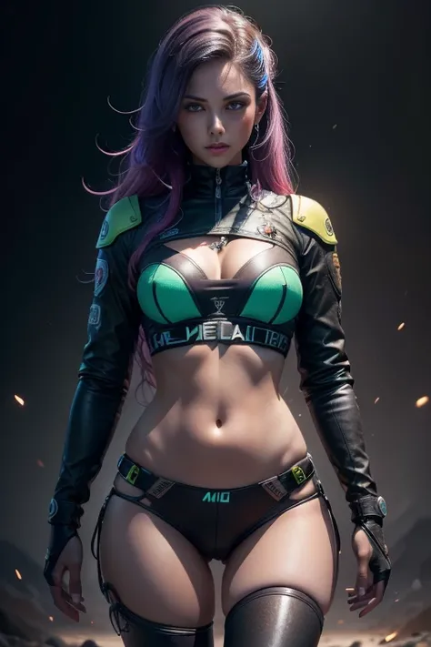 （（mejor calidad））， （（obra maestra））， （un detallado：1.4）， ..3D， Beautiful images of cyberpunk women.，Usando chaqueta verde militar corta，cabello oscuro con mechones de color , Belly there shows ,Muy detallados , ojos azules claros , detallado, piernas grues...