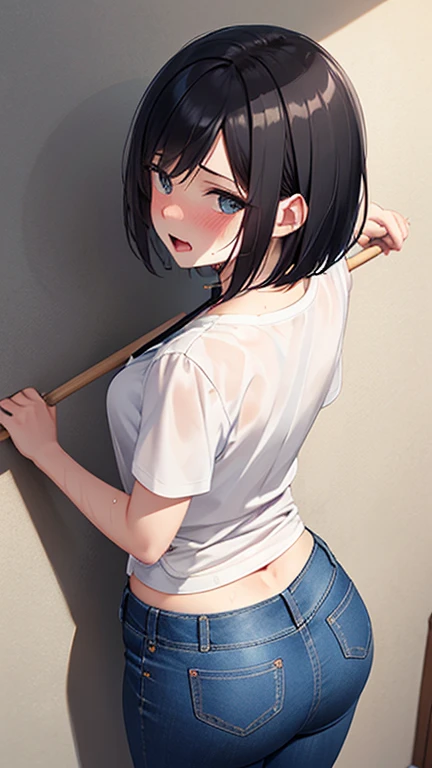 (woman in skinny tight light blue jeans), (long jeans), detailed face, (black apron), white t shirt, standing, bed room, from above, ((stick out ass)), hands on wall, slim, slender, 17 years old, short bob cut, black hair, nose blush, wet eyes, round mouth...