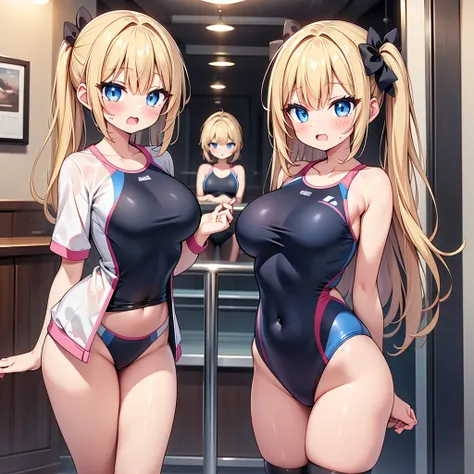 (cute eyes:1.2), (sparkling eyes:1.2), highest quality,wonderful,finely,extremely detailed CG Unity 8K wallpaper, (Stand in line:1.2), (3 girls, clothed), (competition swimsuit :1.1), (Underboob:1.1),(midium breasts), (open mouth:1.1), (long tongue:1.1), (...