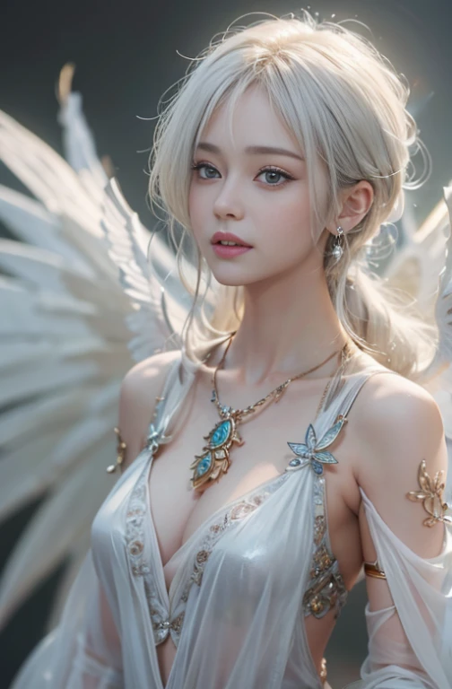 (masterpiece:1.3), (8k, Photorealistic, Raw photo, Best image quality: 1.4), Fair-skinned fairy woman、Long Haircut、Cleavage:2.0、Super detailed face、Attention to detail、double eyelid、Put your chest together、Sharp focus:1.2、Beautiful woman:1.4、Silvery white ...