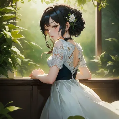 anime girl in a white dress looking out a window, artwork in the style of guweiz,  in dress, guweiz, beautiful anime portrait, guweiz on pixiv artstation, guweiz on artstation pixiv, cute anime waifu in a nice dress, beautiful anime girl, guweiz masterpiec...