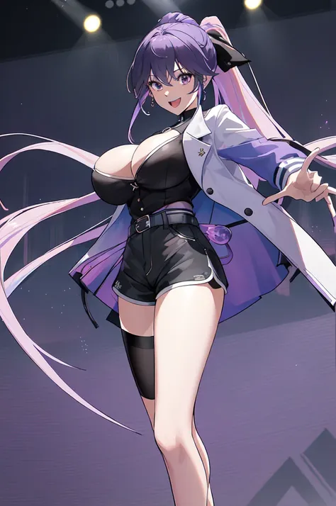 best quality, masterpiece, Selena PGR, Two-tone long hair, Ponytail, diaphragm, High Legs, Colorful blue and pink hair, Open jacket, (Open your clothes:1.3), (White and purple micro jacket:1.2), (Open shorts:1.15), Black shirt, (Black shorts:1.15), stage, ...