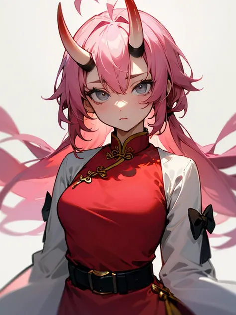 Masterpiece, best quality, expressive eyes, perfect face, 1girl, pink hair, ahoge, heretochromia, grey eyes, oni horns, full bust, cheongsam, upper body, sleeves, belt