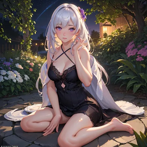 (best quality,4k,8k,highres,masterpiece:1.2),ultra-detailed,(realistic,photorealistic,photo-realistic:1.37),illustration,soft lighting,a girl with white hair,deep purple eyes,glowing eyes,sitting down,barefoot,face blushing,in a garden at night,flowers.