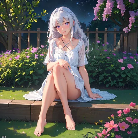 (best quality,4k,8k,highres,masterpiece:1.2),ultra-detailed,(realistic,photorealistic,photo-realistic:1.37),illustration,soft lighting,a girl with white hair,deep purple eyes,glowing eyes,sitting down,barefoot,face blushing,in a garden at night,flowers.