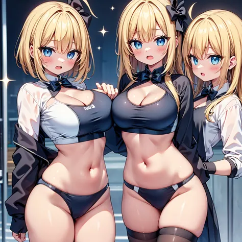 (cute eyes:1.2), (sparkling eyes:1.2), highest quality,wonderful,finely,extremely detailed CG Unity 8K wallpaper, (Stand in line:1.2), (3 girls, clothed), (competition swimsuit :1.1), (cleavage cutout:1.2), (crop top navel:1.2), (midium breasts), (open mou...