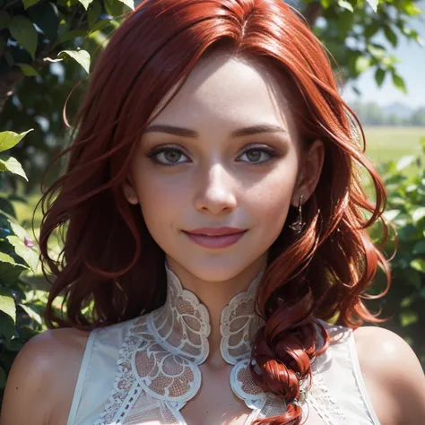 (Detailed face features:1.3), (((1mature woman))), standing wearing a long dress, (close-up photo, face picture), (happyness, face photo, 16k, masterpiece, best quality: 1.2), (high detailed skin), (curly red hair), (smiling, freckles, red eyes, detailed l...