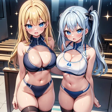 (cute eyes:1.2), (sparkling eyes:1.2), highest quality,wonderful,finely,extremely detailed CG Unity 8K wallpaper, (Stand in line:1.2), (3 girls, clothed), (competition swimsuit :1.1), (cleavage cutout:1.3), (crop top navel:1.3), (midium breasts), (open mou...