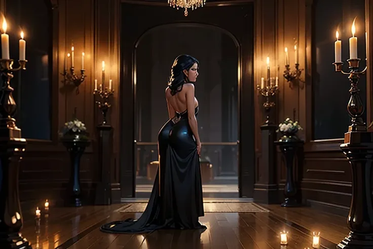 A tanned woman crouching in front of a table, shiny skin, long wavy black hair, back view, black dress with bare back, face in profile, several candles in the decor, lower butt naked