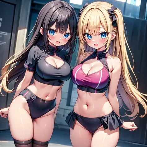 (cute eyes:1.2), (sparkling eyes:1.2), highest quality,wonderful,finely,extremely detailed CG Unity 8K wallpaper, (Stand in line:1.2), (3 girls, clothed), (competition swimsuit :1.1), (cleavage cutout:1.6), (crop top navel:1.6), (midium breasts), (open mou...