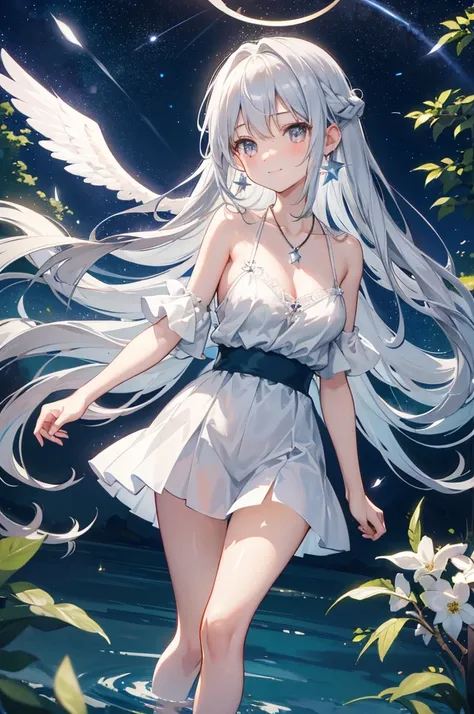 Gray Hair　Long Hair　smile　Night Sky　Moon reflected in the lake　in the forest　shooting star　Angel Halo　Two small white feathers on the head　Four large white wings on its back　Large Breasts　camisole　Trying to hug　necklace　Big earrings　Fluffy hair　　