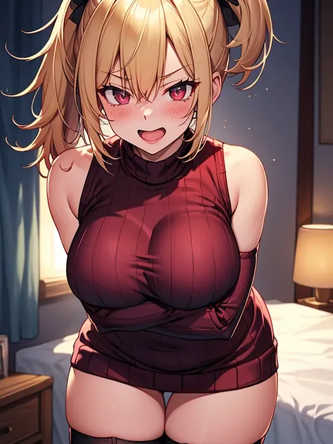 (highest quality, High resolution, perfect pixel, Depth of bounds written, 4K), bed, from side, (cowboy shot), (breast focus), detailed eyes, (1 lady), tall, (slim:1.2), perfect body, large breasts, (side boob), blond hair, (side ponytail:1.2), (burgundy v...