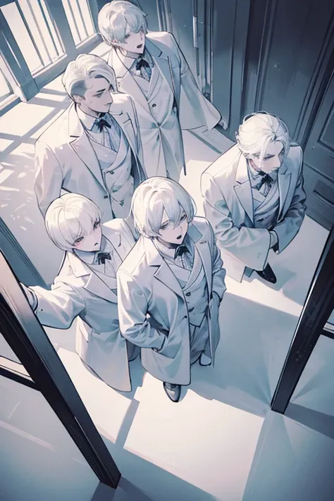 monochrome,masterpiece,illustration, best quality, best aathetic,male focus, full body,looking away:1.4,Four men in white coats standing,a man makes a speech with his arms outstretched,Screaming,anger,white shirt,white hair,Three men looking on,
Low angle ...